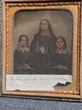 Antique Cased Ambrotype 3 Young Women Hand Tinted Gold Jewelry ID Label 4x3.5 picture