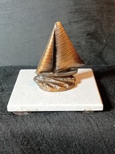 Vintage Miniature Bronze Sailboat Figurine Nautical Desktop Paperweight 2inX3in picture