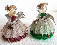 2 Handmade Vintage Beaded Safety Pin Angels Christmas Ornaments Green & Pink picture