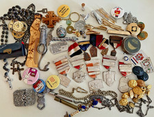 Vintage Misc Junk Drawer Lot Military Buttons Rifle Medals Tokens, Pins, Dog Tag picture