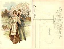 ANTIQUE EMBOSSED ROMANTIC POSTCARD Edwardian Couple Farmhouse Chicken UPU c1900 picture