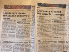 Sept. 28, 1988 2 Seattle P.I. Newspapers  Discovery Launch & Challenger error picture