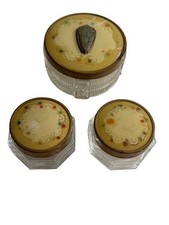 Antique 1930s Art Deco Celluloid Vanity Jar Set Glass Powder Cosmetic Jars 3 Pc picture