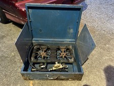 Antique Griswold 202 Cast Iron 2 Burner Gas Camping Stove With Windblocking Case picture