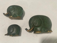 Vintage Set of Three Brass Bronze Colored Elephant Figurines Green Verdigris MCM picture