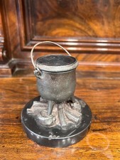 Antique Pewter Inkwell Figural Cauldron over Fire Campfire Wood Logs Marble Base picture