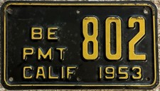 Nice Original 1953 California BE PMT Permit Motorcycle Sized License Plate #802 picture