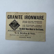 1890s S.S. Dryden Hardware Allegan MI Granite Ironware Victorian Trade Card picture