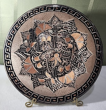 Vintage Turkish Copper Enamel Wall Plate Hand Etched Floral Mandala 9.5