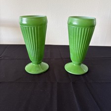 Vintage Green Ribbed MILKSHAKE SODA FOUNTAIN GLASSES Retro X 2 picture