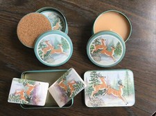 Vintage JSNY Tin 3 Pc SET Playing Cards Coasters Candle Winter Scene Deer Buck, picture