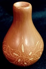 Vintage Christine Nieto Santa Clara Pueblo, NM redware sgraffito floral seed pot picture