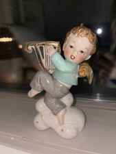 Vtg Napco Christmas Little Boy Angel Dancing on Starry Cloud W Harp Gold Wings picture