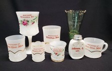 Antique Souvenir Glass Lot of 8 pcs Clambroth Mug Goblet Vase Shaker Toothpicks picture