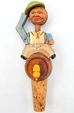 Vintage Articulated Wooden Figurine Bottle Stopper w/ Cork, Barrel Hat, Folk Art picture
