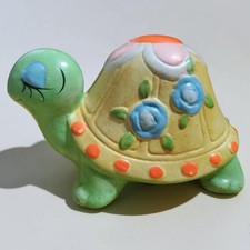 Vintage Turtle Piggy Bank Chalkware Daisy Flower Power Boho picture