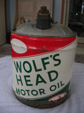 VINTAGE WOLF'S HEAD 5 GALLON GAS MOTOR OIL CAN picture