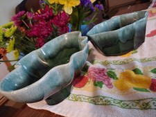 Hull Vtg Pottery Mcm Blue Grn PlanterS 602 447 USA 9” Guilted Ruffle Pair Use picture