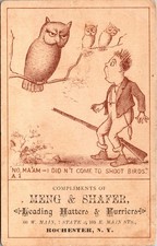 1880's Victorian Owl, Boy, Clothes, Hats, Furs, Vintage Trade Card Rochester N.Y picture