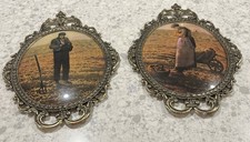 Vintage Picture Gold Tone Metal Frame Ornate Praying Farmer Convex Bubble Glass picture