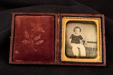 Daguerreotype Curly-Haired Child Seated Full Floral Case 1/6 Plate Antique V38 picture