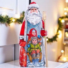 Wooden Santa Figurine with Children Sled Scene 9