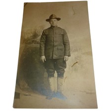 Antique WWI Real Photo Postcard Soldier Portrait Leggings Campaign Hat AZO picture