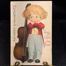 Antique Ellen Clapsaddle Valentine Postcard Wolf & Co 1918 Boy with Cello Bass picture