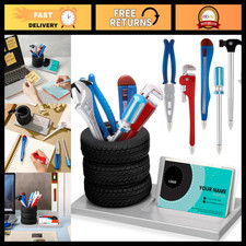 7 Pcs Tire Pen Holder Set - Unique Tire Shape Gift for Men, Metal, Black & Silve picture