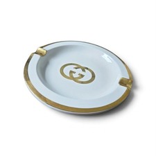 GUCCI GG Logo Monogram Gold Cigarette Ashtray Trinket Dish Porcelain Tray  picture