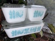 Vintage Pyrex Butterprint Amish Refrigerator Storage Dish Set W/ Lids Minty 🩵🤍 picture