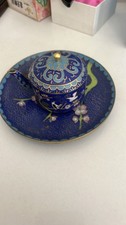 Blue Cloisonne-Style Lidded Tea Cup/Creamer w Spout & Saucer Floral picture