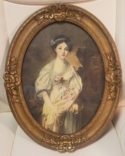 Antique Victorian Oval Wooden/Gesso Frame w/ Print; VGC; 1880-1920; 15