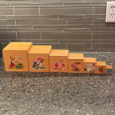 Vintage Wooden Animal Nesting Cubes Blocks Complete Set of 7 picture