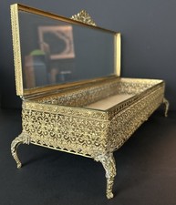 Vintage LARGE 13.5” Ormolu Gold Gilt Casket Jewelry Box Beveled picture