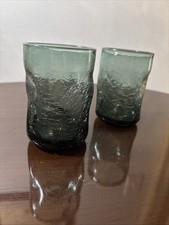 2- vintage Bischoff Glass tumblers - crackle pinched hand blown green  picture