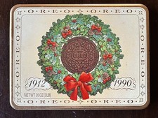 VINTAGE 1912-1990 OREOS TIN BOX CHRISTMAS WREATH BEAUTIFUL GRAPHICS, TOP ONLY picture