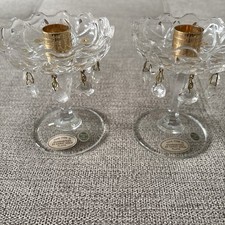 Set Of 2 Vtg Italian Crystal Chandelier Candlesticks  24kt Gold Plate.  4