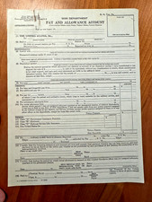 FREE SHIP 1940 WWII War Department Pay and Allowance Account Form Blank Beige picture