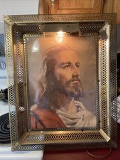 Vintage 1959 Gold Metal Framed Lighted Light Up Jesus Picture Peter Bianchi picture