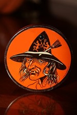 RARE Vintage T. COHN INC.  Halloween Tin Ratchet Noise Maker Witch w/ Devil Hat picture