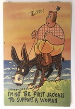 c1940's Fat Woman Riding Mule I'm Not The First Jackass Suffrage Postcard picture