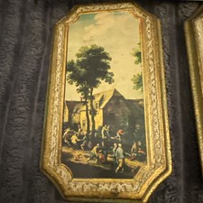 Vintage Wood Wall Plaques Pair Gold Trim European Village Scenes Cottagecore picture