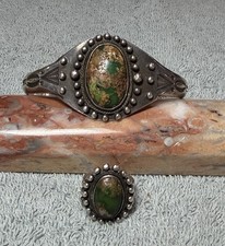 Vintage Navajo Sterling Sand Cast Bracelet & Ring Set With Rare Green Turquoise picture