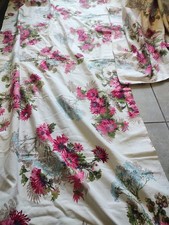 2 Vtg 40s 50s MCM Barkcloth Pink Floral Dahlia Rose Curtain Fabric Panels 84x32  picture