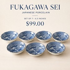 Fukagawa Sei Japanese Arita Blue & White Porcelain Set 7 Bowls.News. picture
