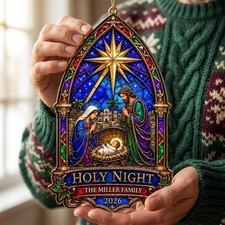 Personalized Holy Night Nativity Christmas Ornament, Faux Stained Glass Nativity picture
