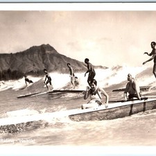 c1940s Waikiki Beach RPPC Surf Riding Surfers Outrigger Canoe Hawaii Postcard picture