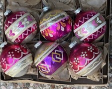 Vintage Shiny Brite Made In USA Pink Mica Daisy Stencil Glass Christmas Ornament picture