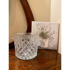 Vintage Crystal Glass Ice Bucket Clear Good Diamond Cut Double Handle Barware picture